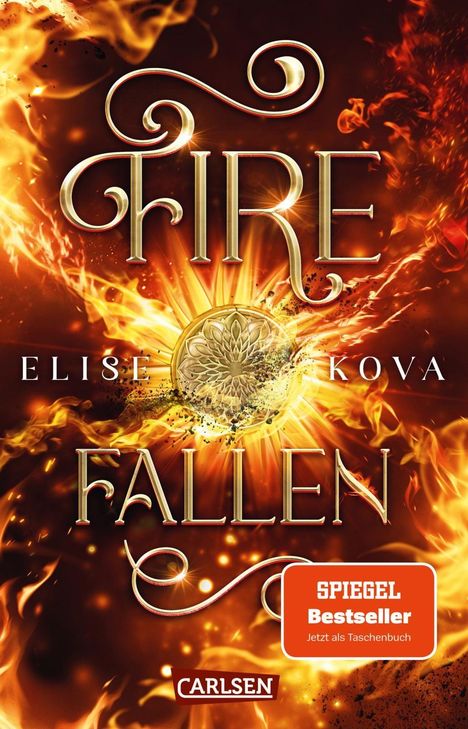 "Fire Fallen" in goldener Schrift mit Sonnenemblem. "SPIEGEL Bestseller" in orangem Banner, flammender Hintergrund.