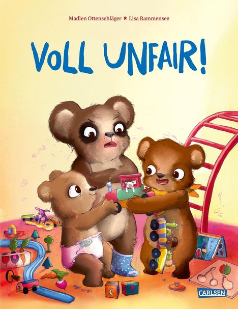 Text: "Voll unfair!" und Namen "Madlen Ottenschläger" sowie "Lisa Rammensee". Drei Bärenkinder mit Spielzeug.