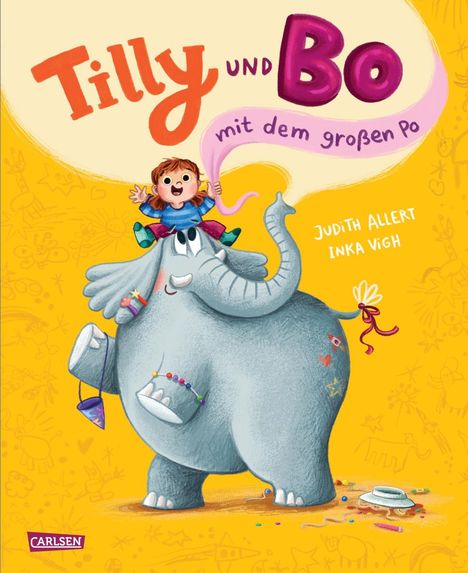 "Tilly und Bo mit dem großen Po" ist oben zu lesen. Ein Kind reitet auf einem fröhlichen Elefanten.
