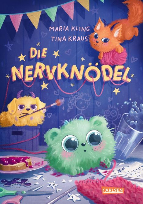 Text: "Maria Kling, Tina Kraus, Die Nervknödel". Illustration bunter Tiere und Bastelmaterialien auf blauem Hintergrund.