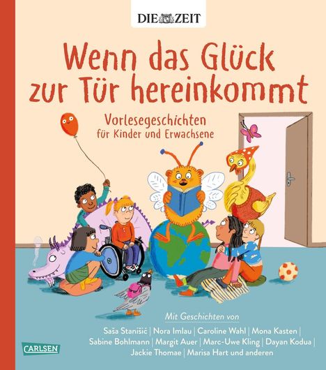 „Wenn das Glück zur Tür hereinkommt. Vorlesegeschichten für Kinder und Erwachsene.“ Illustration: Kinder mit Fantasiewesen.