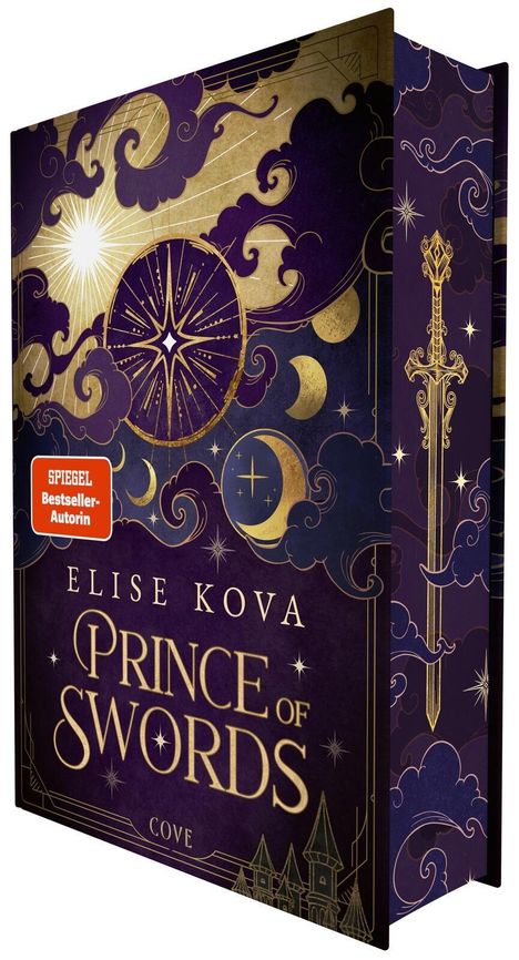 "SPIEGEL Bestseller-Autorin. Elise Kova. Prince of Swords. Cove." 
Dunkle, ornamentale Covergestaltung mit Sternen und Schwertern.