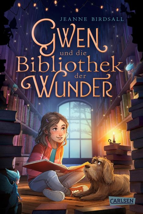 „Gwen und die Bibliothek der Wunder“ von Jeanne Birdsall. Mädchen mit Buch und Hund in gemütlicher Bibliothek.