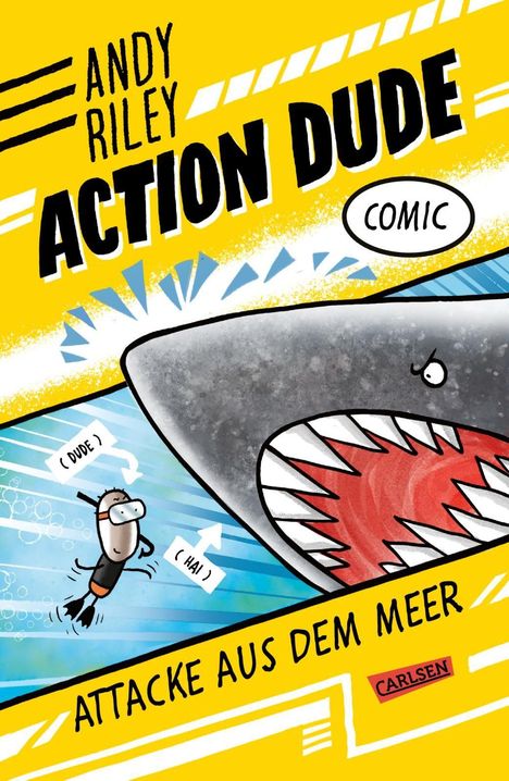 "Andy Riley Action Dude Comic. Attacke aus dem Meer" steht auf gelbem Hintergrund. Hai verfolgt kleinen Taucher.