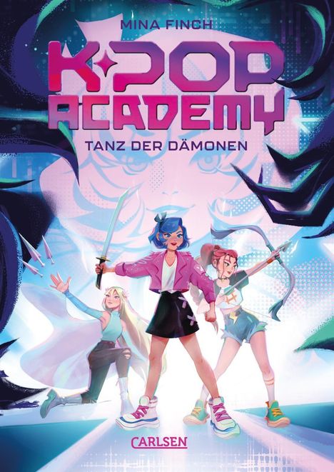 "Mina Finch: K-Pop Academy: Tanz der Dämonen" zeigt drei stilisierte Figuren mit dynamischen Posen und Accessoires.