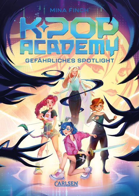 Text: "K-Pop Academy: Gefährliches Spotlight" und "Mina Finch". Illustration: Vier Figuren in dynamischen Posen mit Schatten.