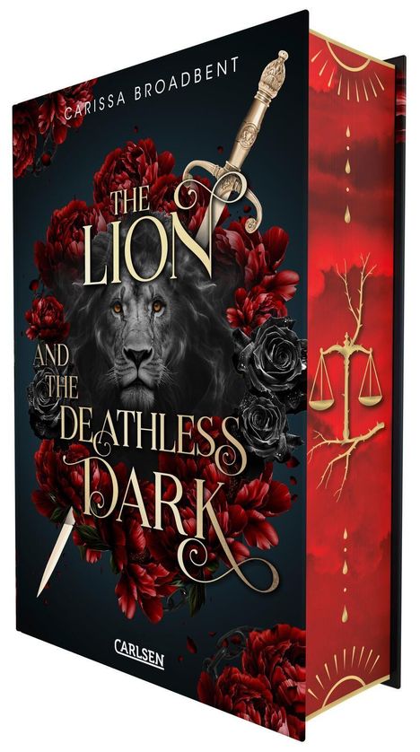 "The Lion and the Deathless Dark" umgeben von roten Blumen, ein Löwe und ein Schwert. Seitenrand mit Waage und Tropfen.