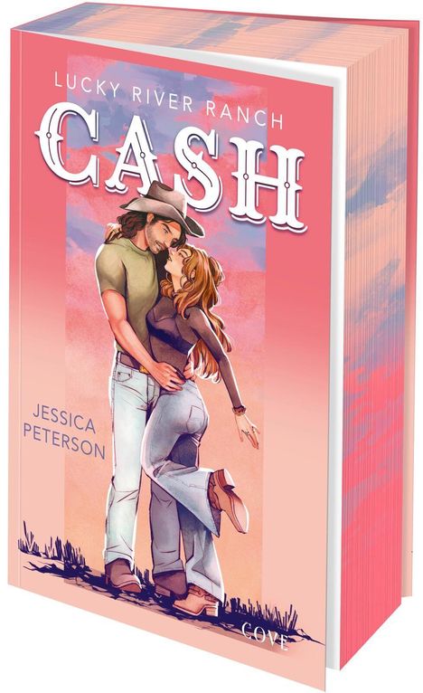 Text "Lucky River Ranch, Cash, Jessica Peterson". Illustration eines Paares in inniger Umarmung auf rosa Hintergrund.