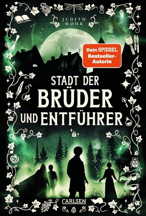 "Oberer Text: Judith Mohr, rotes Label: 'Dein SPIEGEL Bestseller-Autorin'. Darunter Wald, vier Silhouetten. Verschnörkelte Vignetten."