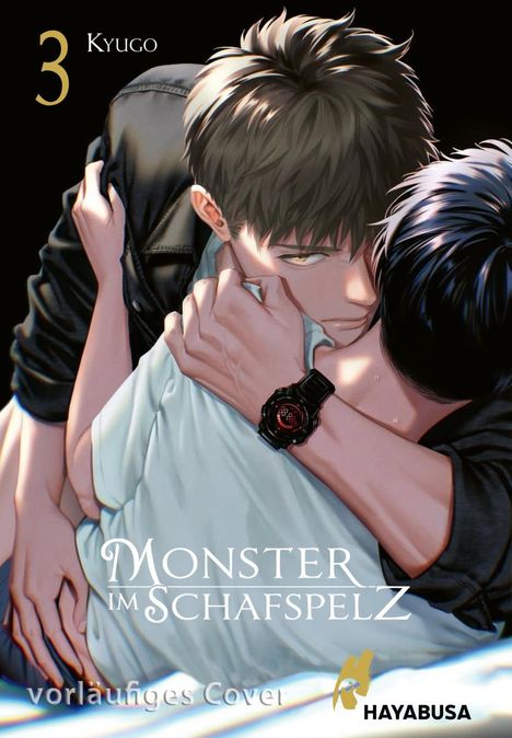 "3 Kyugo. Monster im Schafspelz. vorläufiges Cover." Zwei Personen nah beieinander; eine trägt eine schwarze Uhr.