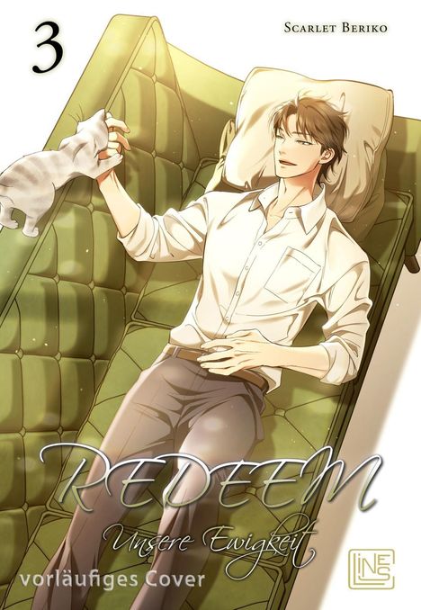 „Redeem: Unsere Ewigkeit“ und „vorläufiges Cover“. Ein Mann in Hemd entspannt auf einem Sofa, streichelte eine Katze.