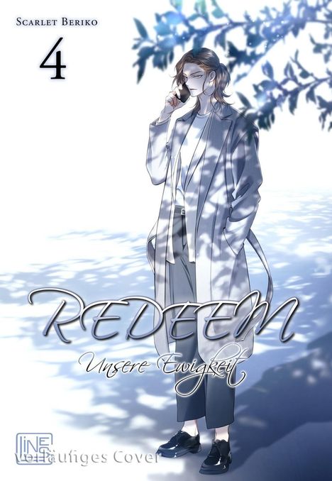 "Scarlet Beriko 4, REDEEM Unsere Ewigkeit." Illustration eines Mannes im Anzug, Schatten von Blättern fallen auf ihn.
