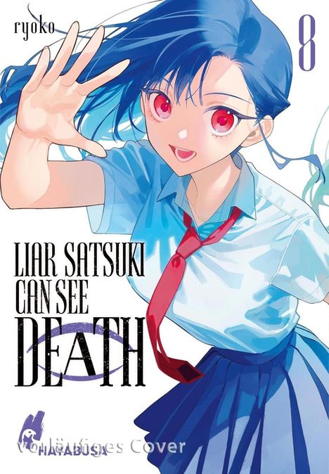 Text: "Liar Satsuki Can See Death", "ryoko", "8". Illustration: Mädchen in Schuluniform mit blauen Haaren.