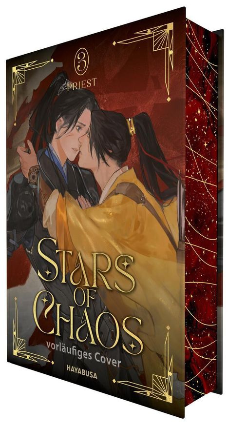"Stars of Chaos" vorläufiges Cover. HAYABUSA. Illustration zweier Personen in inniger Umarmung mit traditioneller Kleidung.