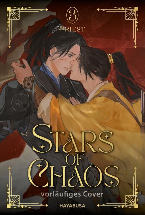 "Stars of Chaos" steht groß geschrieben. Zwei Personen in asiatischer Kleidung, nahe beieinander, auf rotem Hintergrund.