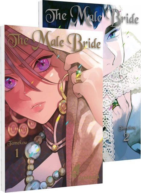 Buchcovers: "The Male Bride". Erste Ausgabe zeigt eine Person mit bunten Augen und Schmuck, zweite mit Spitzenverzierung.