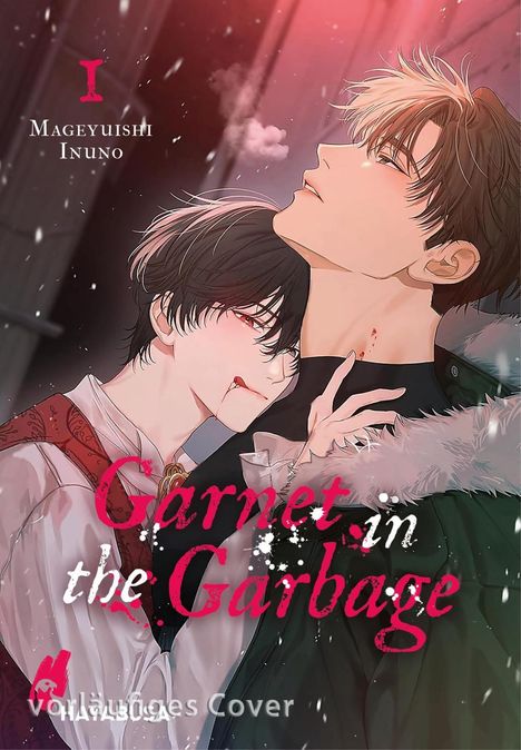 Vordergrund Schriftzug "Garnet in the Garbage". Zwei Männer, einer mit Vampirzähnen, der andere mit Bissspuren am Hals.