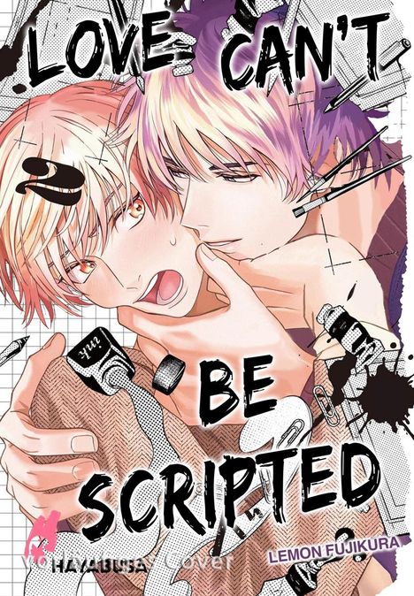 „LOVE CAN'T BE SCRIPTED“. Zwei Personen, enge Umarmung, farbenfrohes Haar. Manga-Illustration mit dynamischen Linien und Texturen.