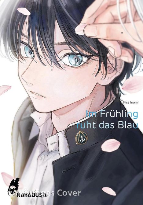 „Im Frühling ruht das Blau“ steht in blauer Schrift. Eine Illustration zeigt eine Person mit dunklem Haar und blauen Augen.