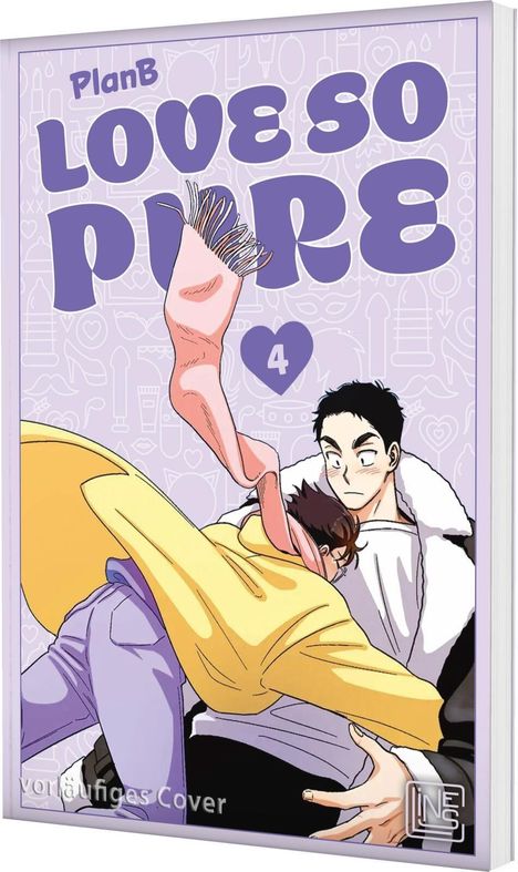 "LOVE SO PURE 4" in großer Schrift. Zwei gezeichnete Männer, einer umarmt den anderen unter einem rosa Schal.