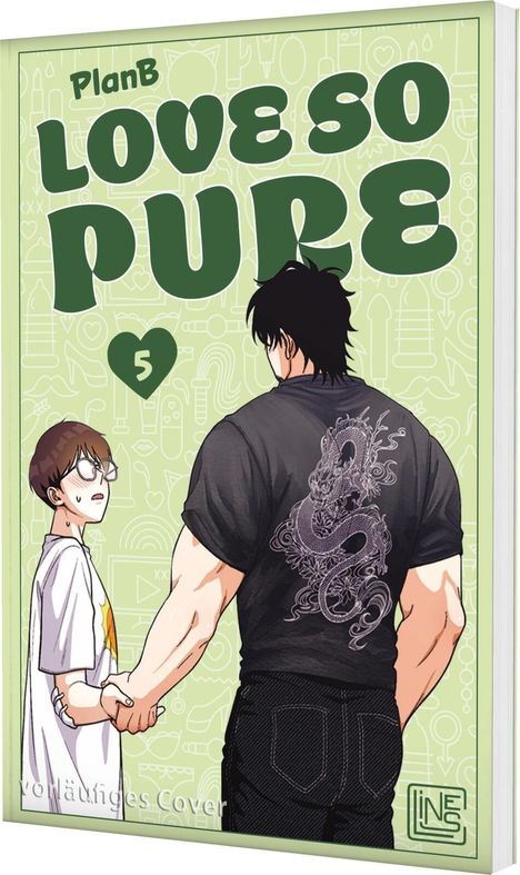 „PlanB Love So Pure 5“. Ein kräftiger Mann hält die Hand eines kleineren, überraschten Mannes. Illustrationsstil.