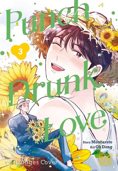 „Punch Drunk Love“ in grüner Schrift, Band 3. Illustration: Person mit Sonnenhut und Sonnenblumen, lächelnd.