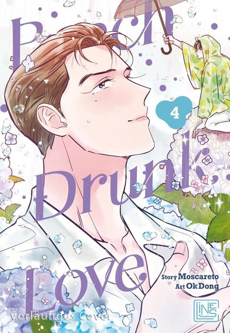 "Vorläufiges Cover. Story Moscareto. Art OkDong." Ein Mann blickt träumerisch aufwärts, umgeben von Blumen und einem Regenschirm.