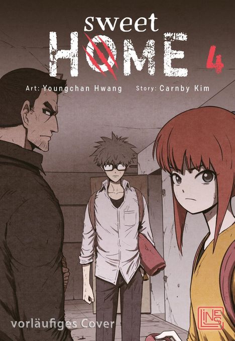 "Sweet Home 4" von Youngchan Hwang und Carnby Kim. Drei Figuren mit ernsten Gesichtsausdrücken in einem Gebäude.