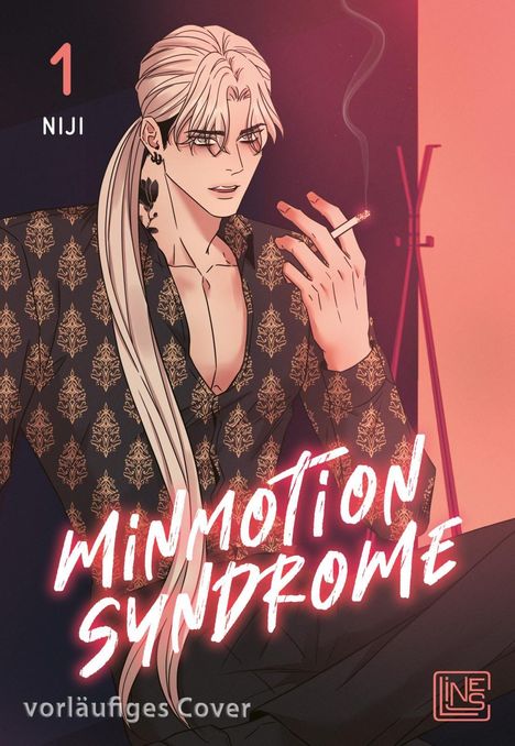 „Minmotion Syndrome“ und „vorläufiges Cover“. Eine Illustration eines Mannes mit langen Haaren und Zigarette.