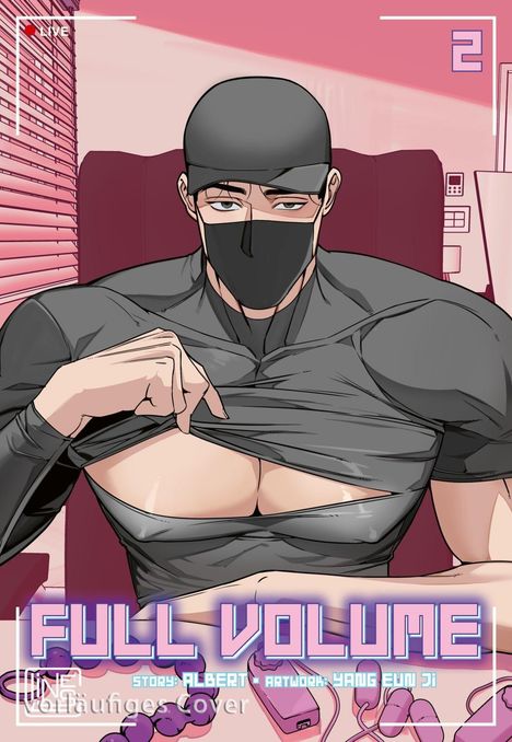 „FULL VOLUME“ steht groß in lila unten, darüber eine maskierte Figur in schwarzer Kleidung in einem rosa Raum.