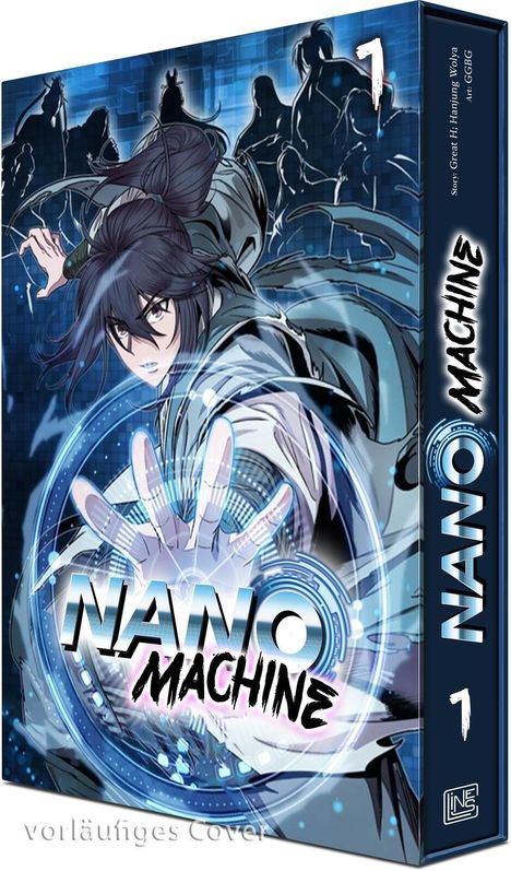 Titel "NANO MACHINE", Band 1. Illustration eines kämpfenden Charakters mit langem Haar vor dunklen Silhouetten.