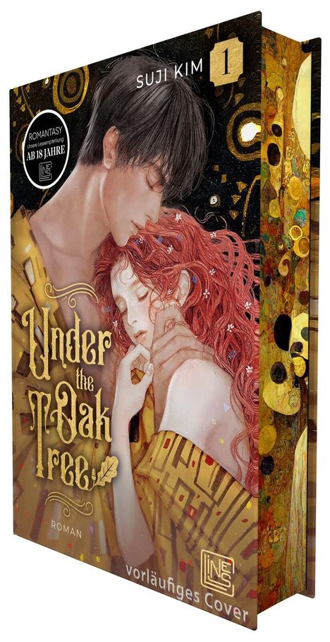 "Under the Oak Tree, Roman, ROMANTASY AB 18 JAHRE." Eine sanfte Umarmung eines Paares auf einem farbenfrohen Hintergrund.