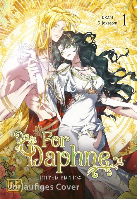 „For Daphne“ limited edition, KKAM 3 jokseom 1. Zwei Figuren in fantasievoller Kleidung mit goldenen, floralen Mustern im Hintergrund.