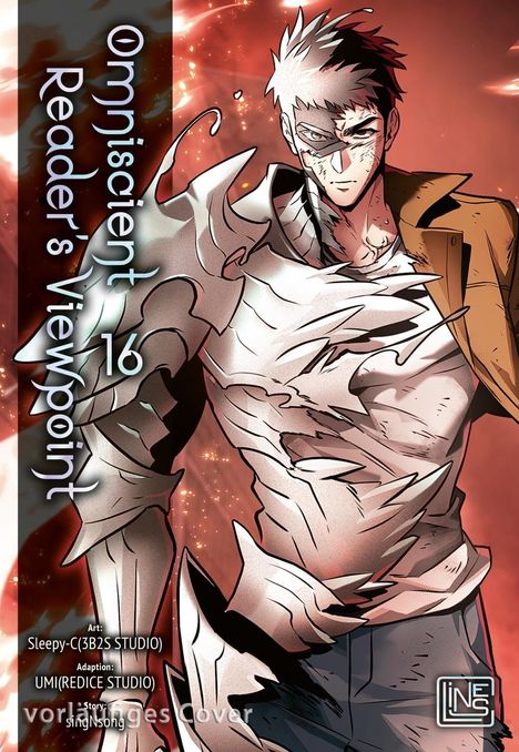 „Omniscient Reader's Viewpoint 16“. Illustration eines entschlossen schauenden Mannes mit zerrissener Kleidung vor rotem Hintergrund.