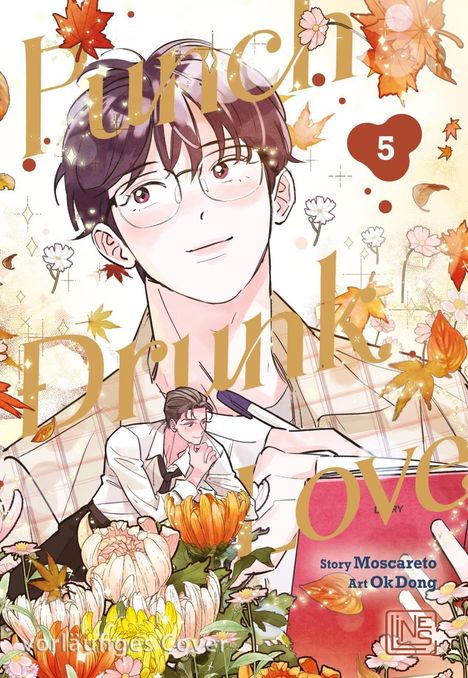 „Punch Drunk Love“, Story Moscareto, Art Ok Dong, Nummer 5. Illustration von jungen Männern umgeben von Herbstblättern und Blumen.