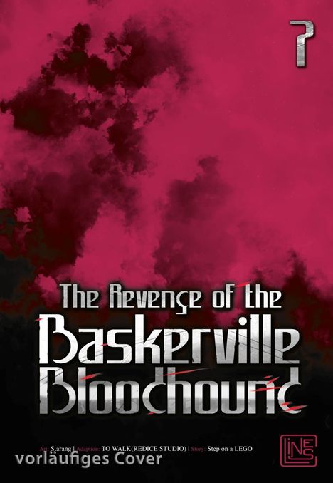 „The Revenge of the Baskerville Bloodhound“, roter Hintergrund, silbernes Fragezeichen, vorläufiges Cover.