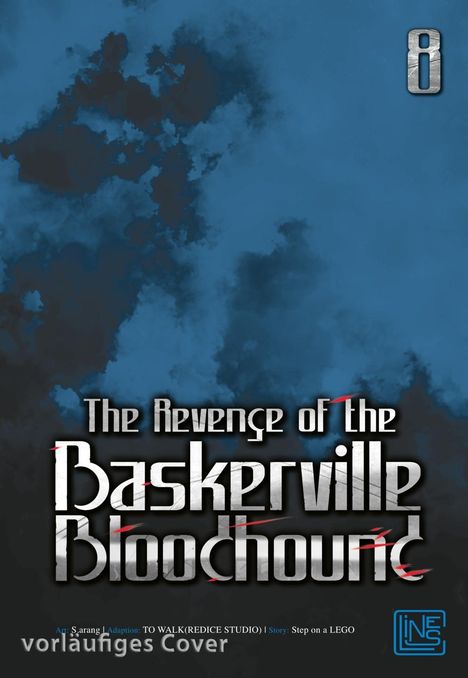 "The Revenge of the Baskerville Bloodhound", vorläufiges Cover. Dunkle Wolken, silberne und rote Schrift, Nummer 8 oben rechts.