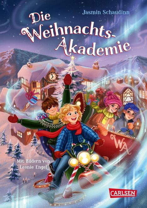 „Die Weihnachts-Akademie“ von Jasmin Schaudinn, Illustration zeigt Kinder auf einem Schlitten in winterlicher Landschaft.