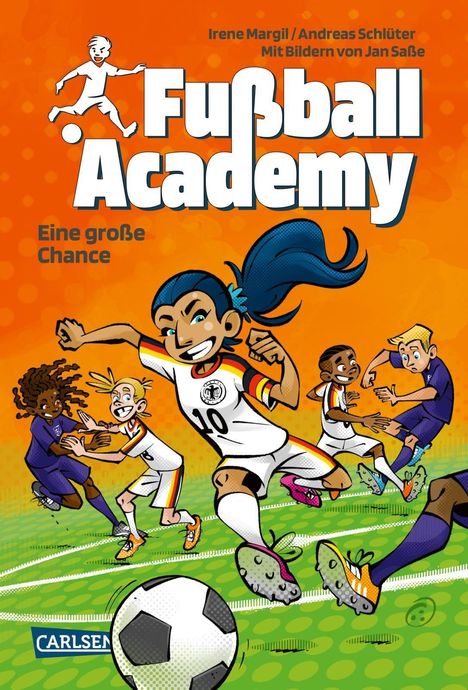 "Fußball Academy" in großer Schrift. Kinder spielen Fußball. Lebendige Farben und dynamische Posen.