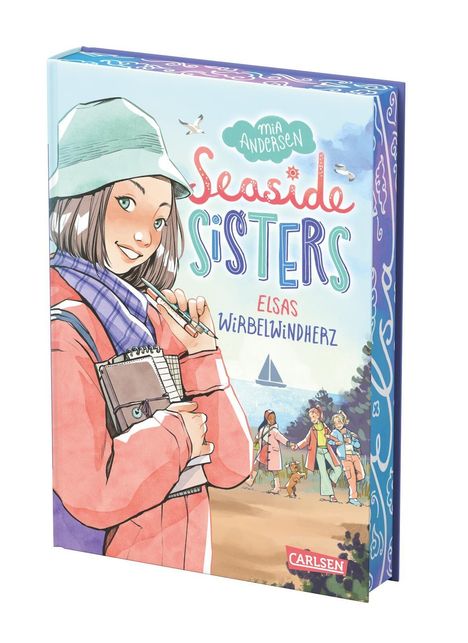 "Seaside Sisters: Elsas Wirbelwindherz" von Mia Andersen. Illustration: Mädchen mit Notizbuch, im Hintergrund Meer und Freunde.
