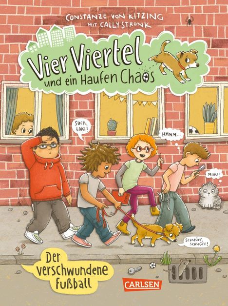 "Vier Viertel und ein Haufen Chaos" steht auf einem grünen Feld. Vier Kinder und ein Hund suchen auf einer Straße.