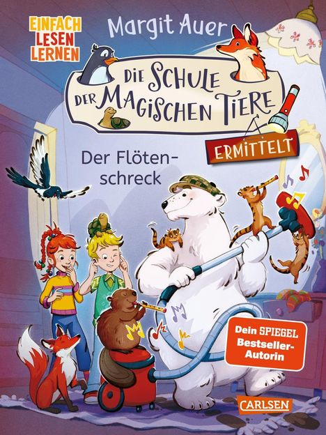 "Die Schule der magischen Tiere: Der Flötenschreck." Illustration mit Tieren und Kindern in einer amüsanten Szene.