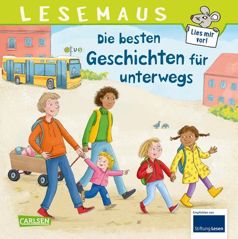 "LESEMAUS. Die besten Geschichten für unterwegs. Lies mir vor! Illustration von Kindern, die fröhlich spazieren gehen."