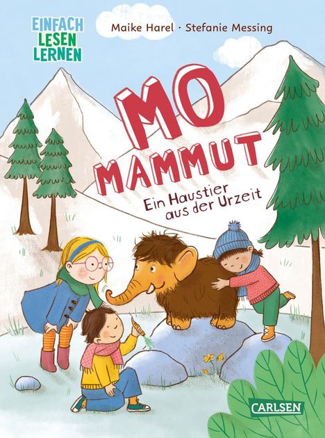 Texte: "EINFACH LESEN LERNEN", "MO MAMMUT", "Ein Haustier aus der Urzeit", "Maike Harel · Stefanie Messing". Illustration: Kinder und Mammut.