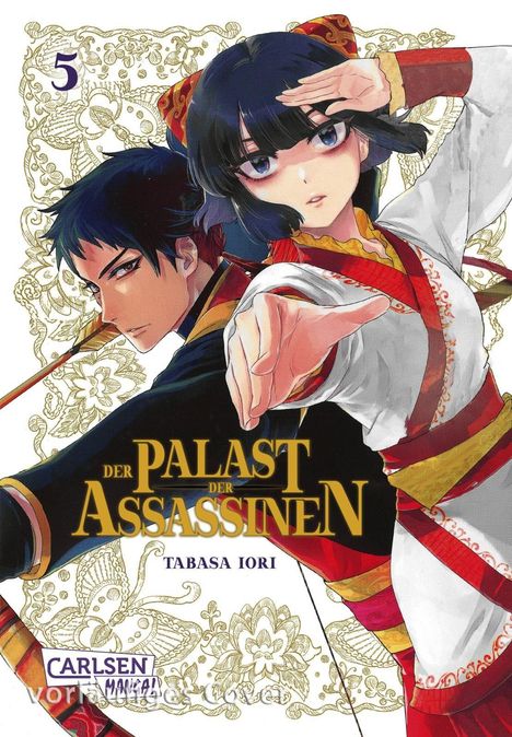 "Der Palast der Assassinen", Tabasa Iori. Illustration von zwei Charakteren in traditioneller Kleidung, dekorativer Hintergrund.