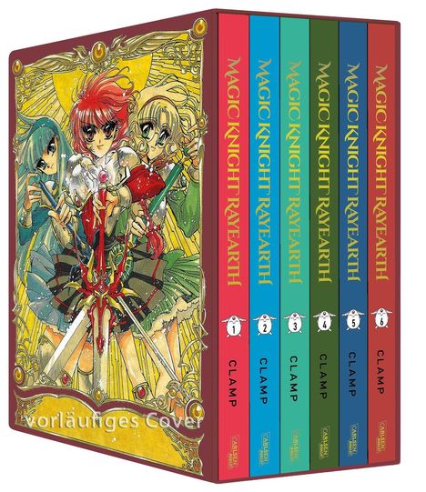 "Vorläufiges Cover" steht über einem kunstvollen Bild mit drei Figuren in Rüstungen. Daneben sechs Bücher mit "MAGIC KNIGHT RAYEARTH".