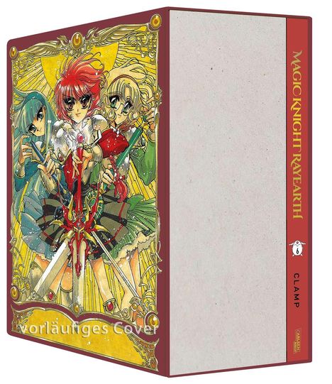 Text: "Vorläufiges Cover", "MAGIC KNIGHT RAYEARTH", "CLAMP". Illustration: Drei Figuren in Rüstungen mit Schwertern, bunter Hintergrund.