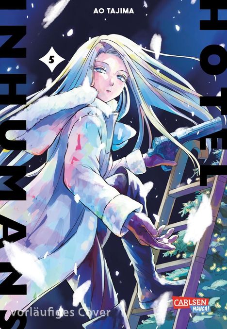 "INHUMAN HOTEL", "AO TAJIMA", "5", "vorläufiges Cover". Eine Person mit langem Haar und einer Waffe auf einer Leiter.