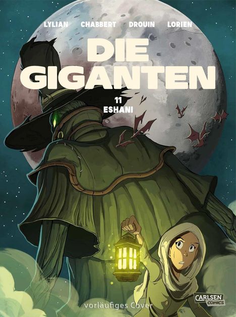 Titel: DIE GIGANTEN 11 ESHANI. Illustration: Riesige Gestalt mit Hut und Kind mit Laterne vor Mond, umgeben von Fledermäusen.