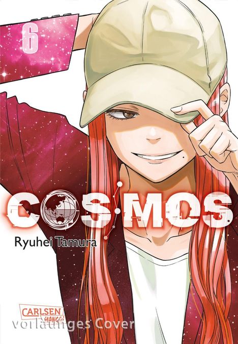 "6 COSMOS Ryuhei Tamura Carlsen Manga!" Eine Person mit rotem Haar und Mütze lächelt selbstbewusst.